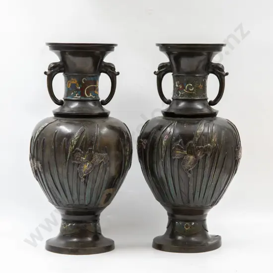 Pair of Vintage Japanese Cloisonne on Bronze Mantel Vases