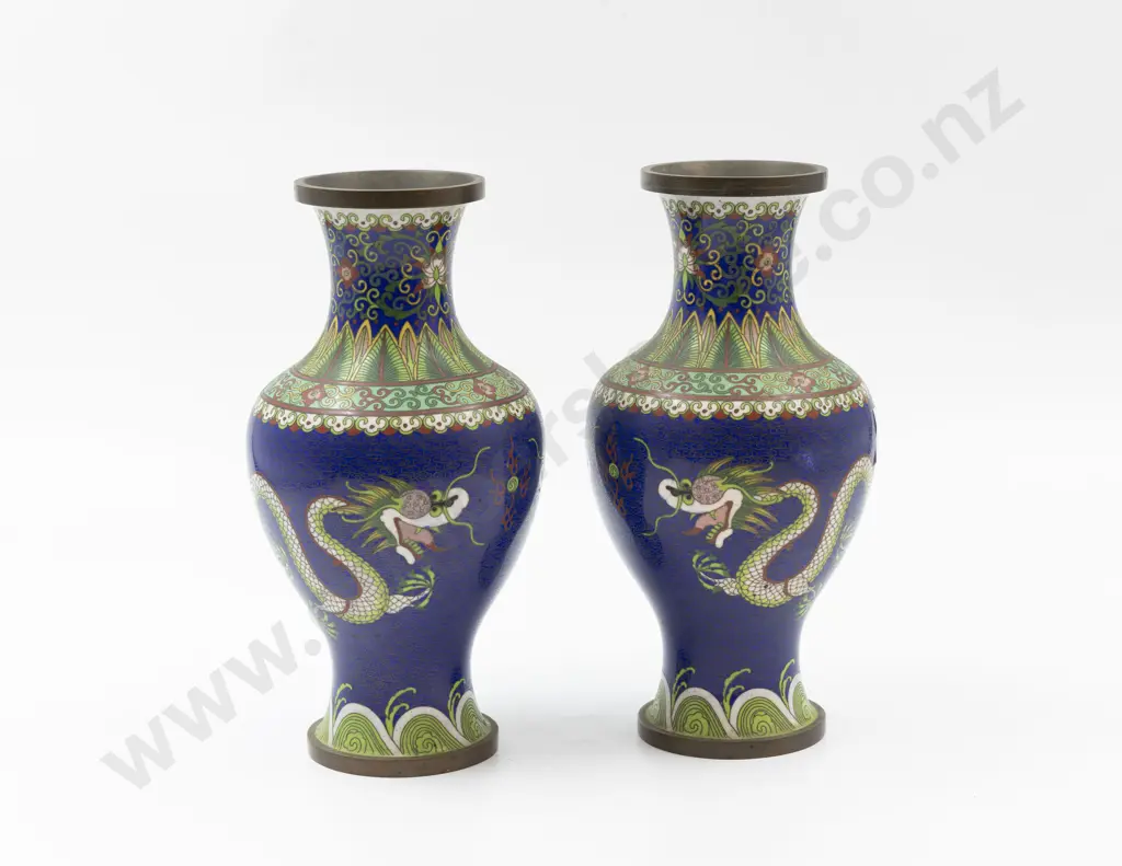 Pair of Cloisonne Dragon Vases Image 1++