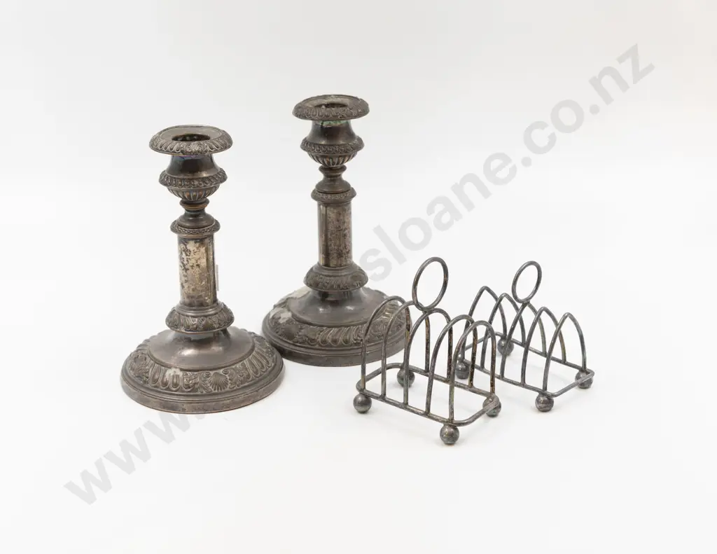 Pair Vict Sheffield Plate Candlesticks & 2 Small Toast Racks Image 1++