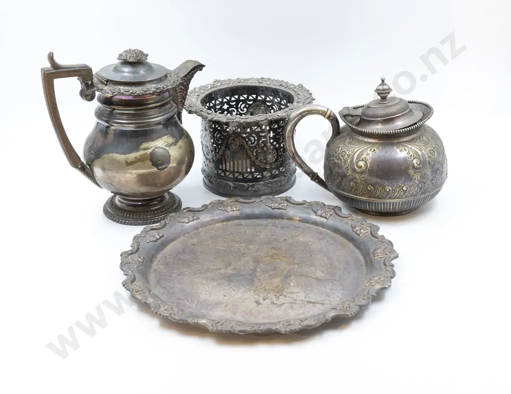 Plated Bottle Coaster, Salver, Hot Water Jug & Teapot (af) Image 1++