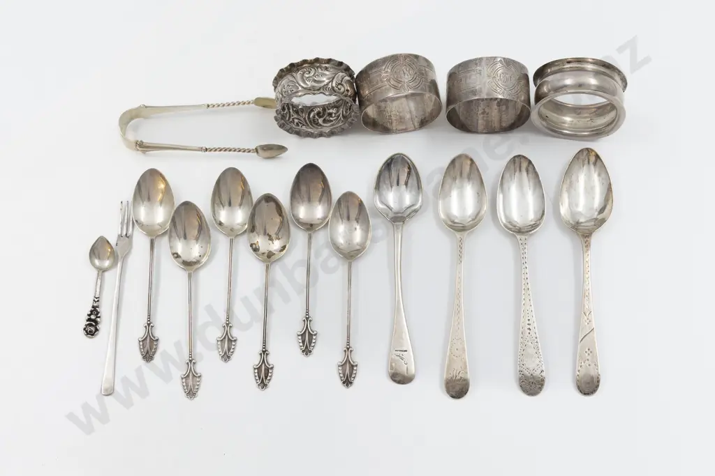 4 S/S Napkin Rings 12 Various Spoons & Small Pair Sugar Tongs Image 1++