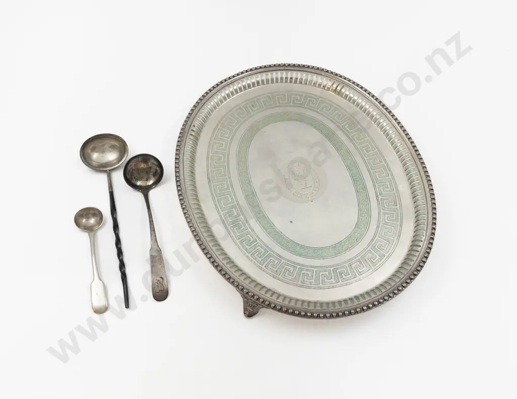 C19th S/P Oval Tray, Punch Ladle, Scottish S/S Sauce Ladle & Mustard Spoon Image 1++