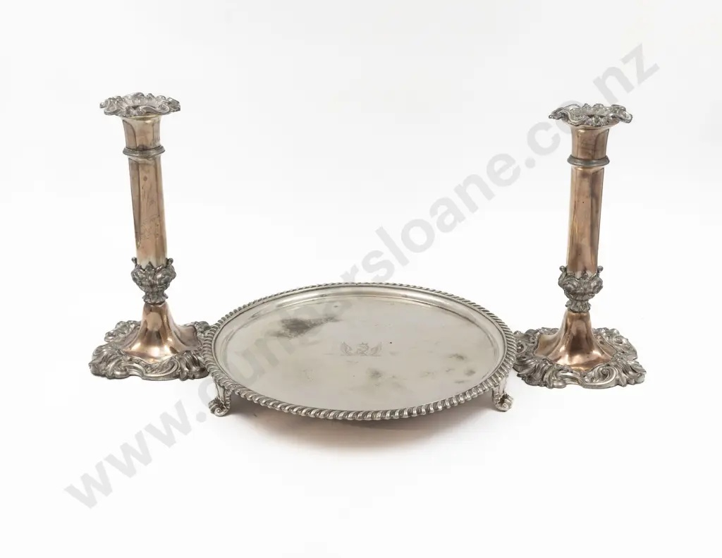 S/P Circular Salver & Pair Of Candlesticks Image 1++