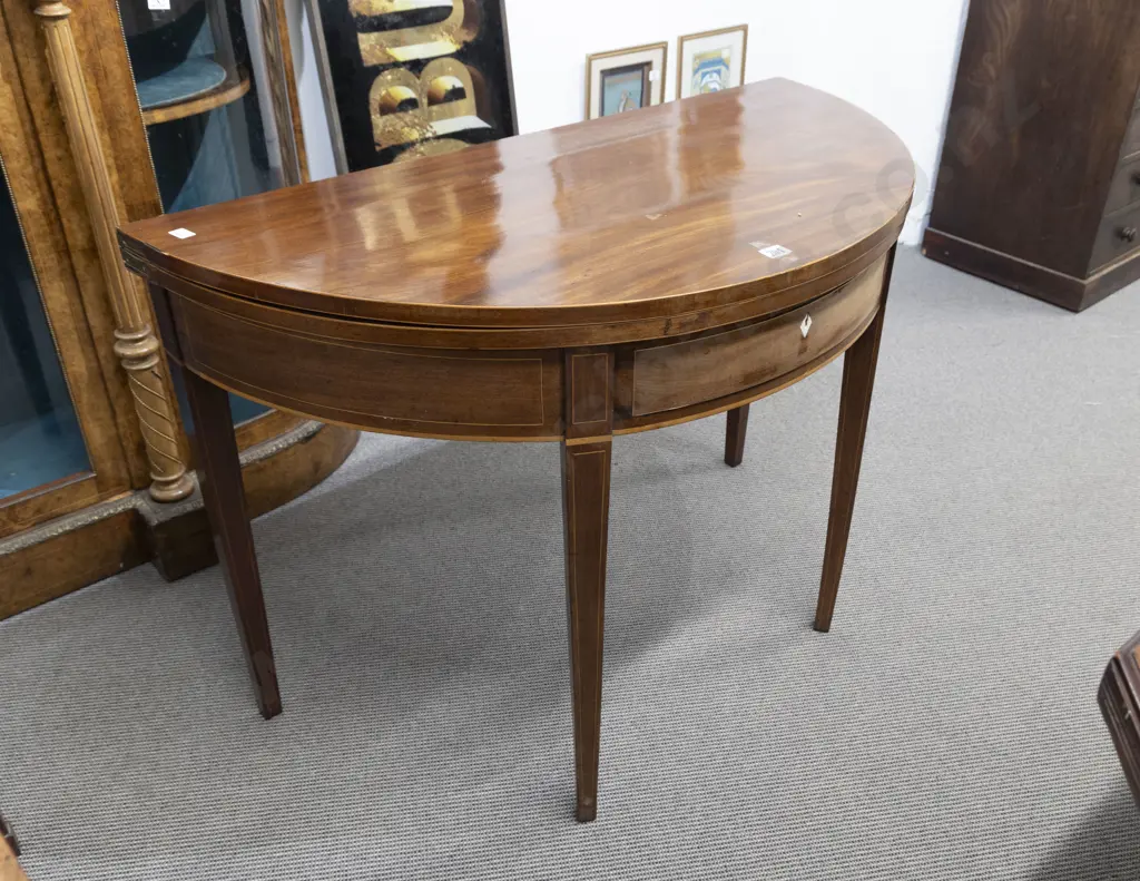Geo III Mahogany & Inlaid D Shaped Foldover Tea Table Image 1++