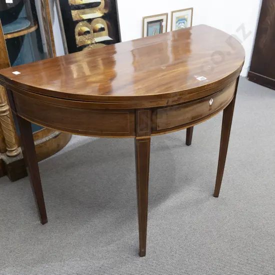 Geo III Mahogany & Inlaid D Shaped Foldover Tea Table