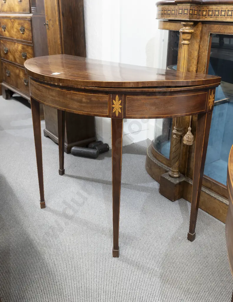 Geo III Mahogany & Inlaid D Shaped Foldover Card Table Image 1++