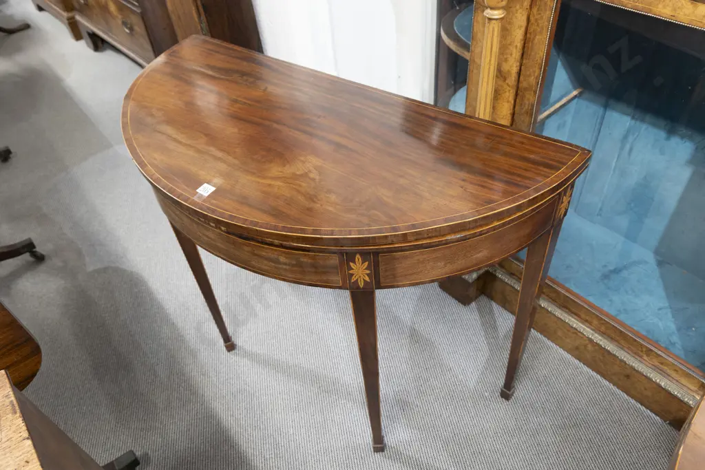 Geo III Mahogany & Inlaid D Shaped Foldover Card Table Image 1++