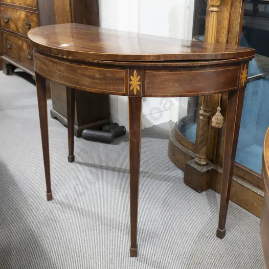 Geo III Mahogany & Inlaid D Shaped Foldover Card Table