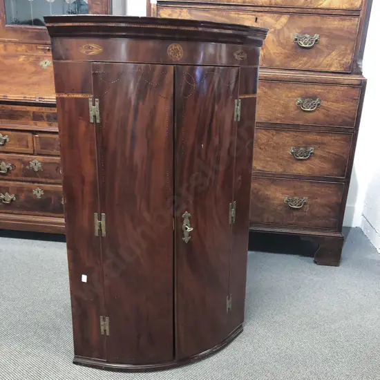 Attractive Geo III Mahogany & Inlaid Bow Front Hanging Corner Cupboard