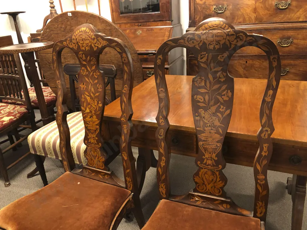 A Fine Pair Of Late C18th or Early C19th Dutch High Back Walnut & Floral Marquetry Side Chairs Image 1++