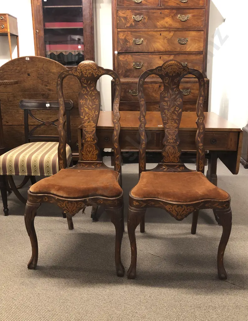 A Fine Pair Of Late C18th or Early C19th Dutch High Back Walnut & Floral Marquetry Side Chairs Image 1++
