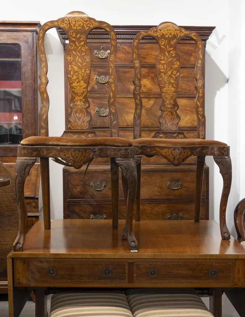 A Fine Pair Of Late C18th or Early C19th Dutch High Back Walnut & Floral Marquetry Side Chairs Image 1++