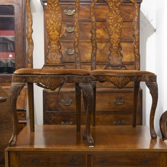 A Fine Pair Of Late C18th or Early C19th Dutch High Back Walnut & Floral Marquetry Side Chairs