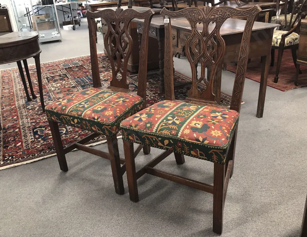 Attractive Pair Of Geo III Carved Oak Dining Chairs In The Chippendale Style Image 1++
