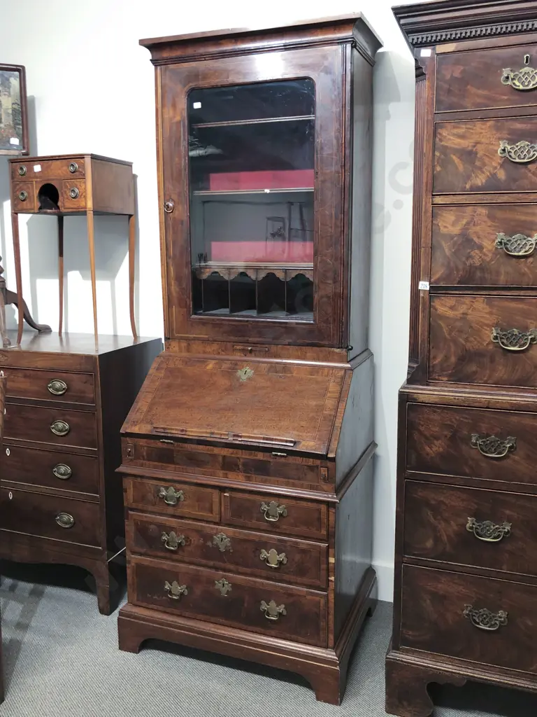 An Attractive & Rare Geo I Walnut & Inlaid Bureau Bookcase Image 1++