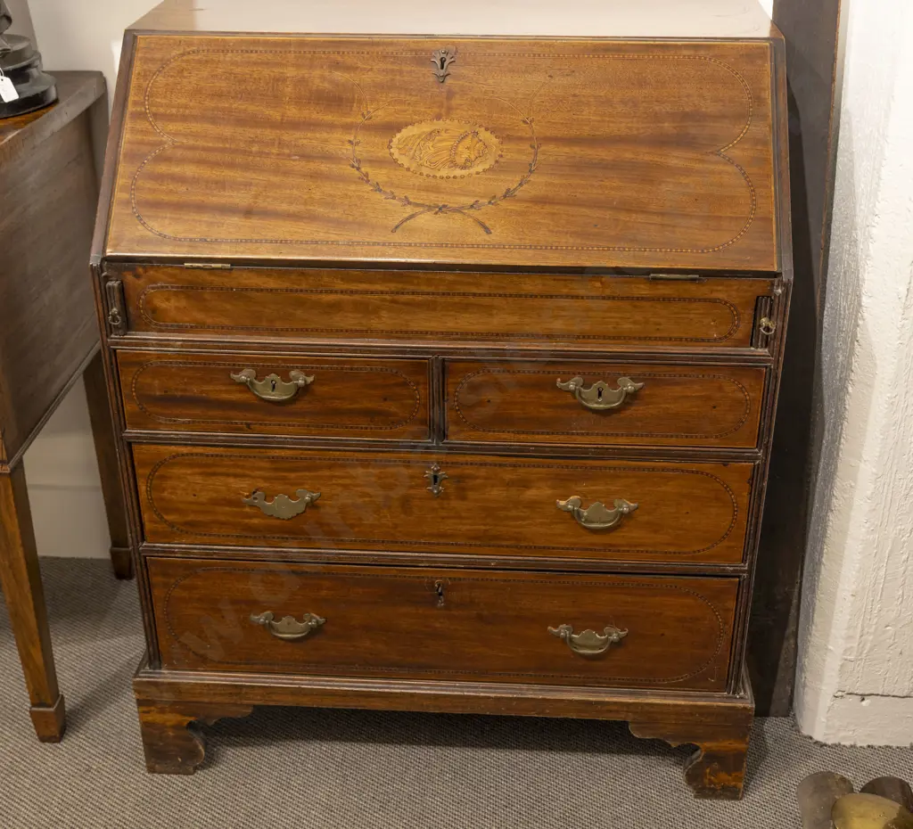 Geo III Mahogany & Inlaid Bureau Image 1++