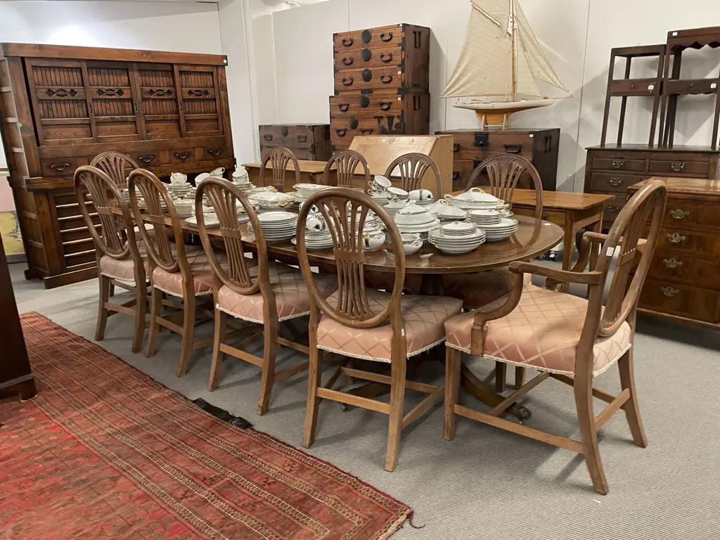 Regency Style Mahogany Twin Pillar Extension Dining Table & 10 Hepplewhite Chairs Image 1++