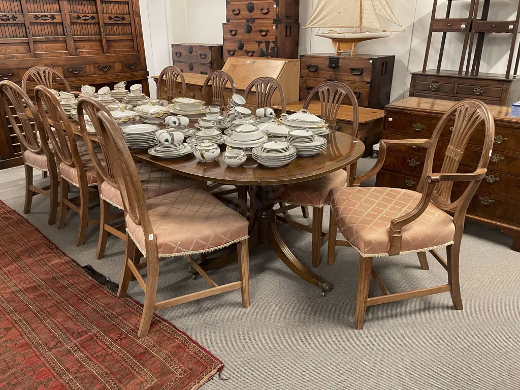 Regency Style Mahogany Twin Pillar Extension Dining Table & 10 Hepplewhite Chairs Image 1++