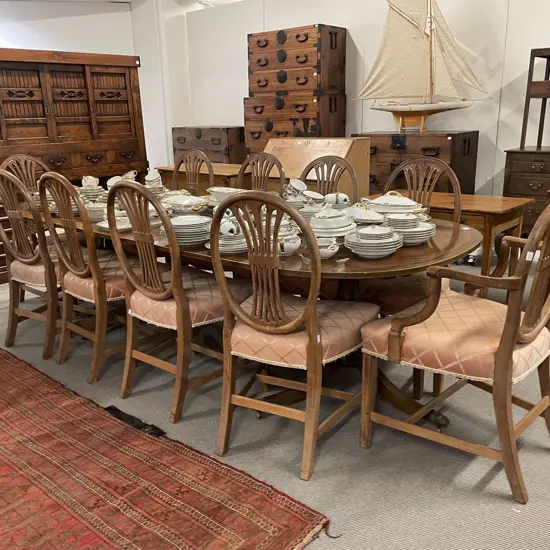 Regency Style Mahogany Twin Pillar Extension Dining Table & 10 Hepplewhite Chairs