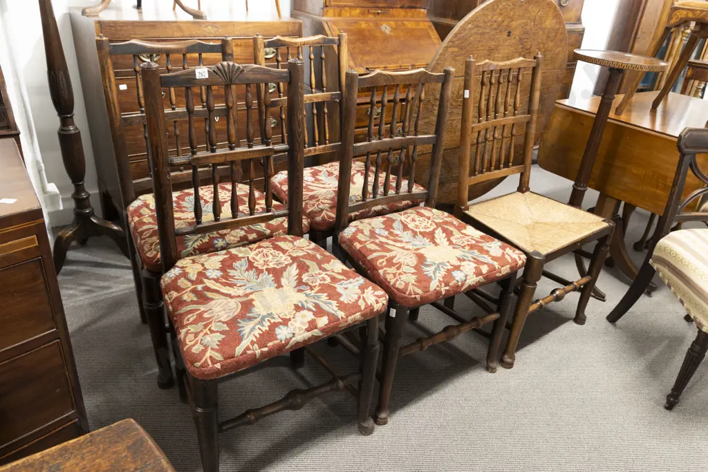A Harlequin Set Of 5 C19th Oak Lancashire Dining Chairs Image 1++