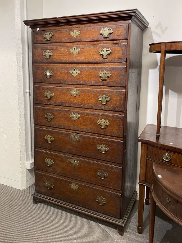 An Attractive Geo III Oak 8 Drawer Tallboy Image 1++