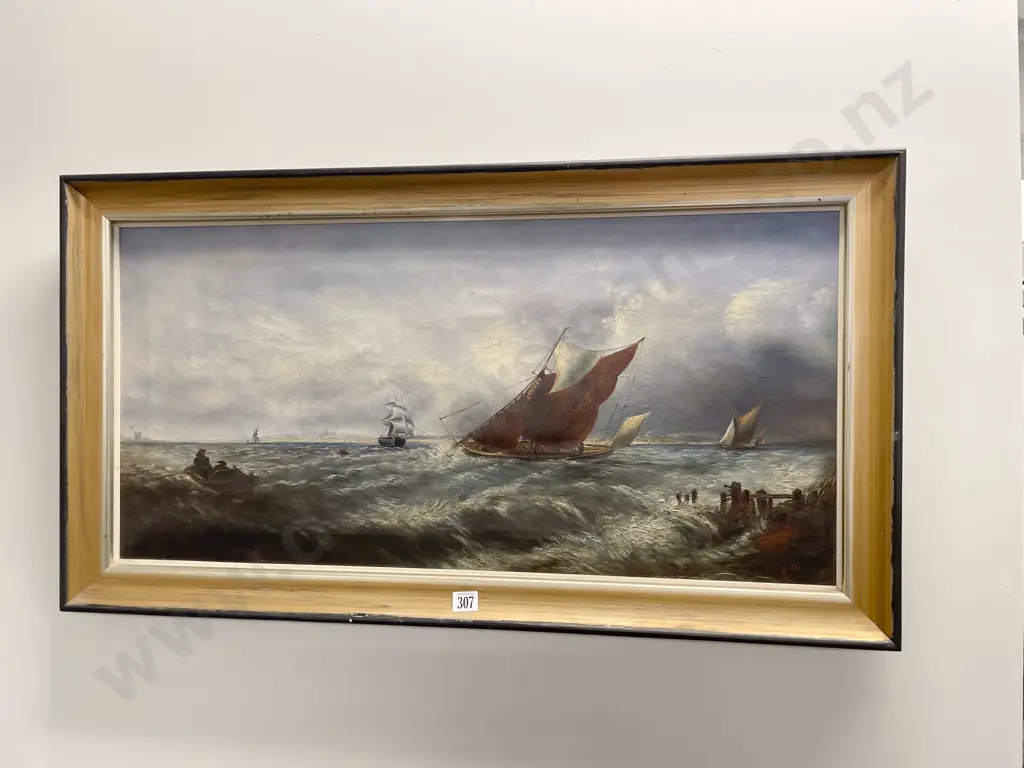 19th Century English School - Fishing Sail & Row Boats In A Stormy Sea Image 1++