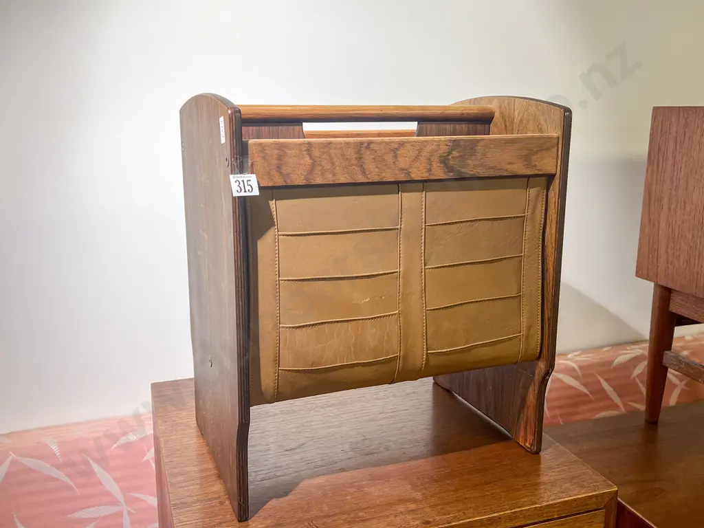 Late C20th Rosewood Veneer & Leather Magazine Rack Image 1++