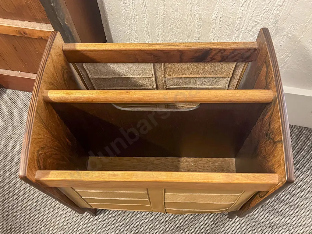 Late C20th Rosewood Veneer & Leather Magazine Rack Image 1++
