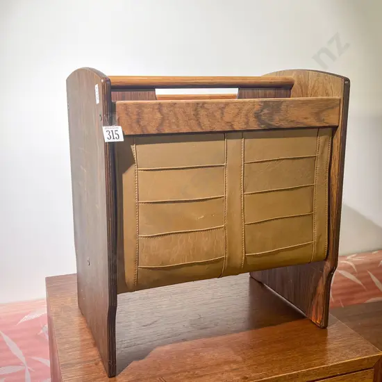 Late C20th Rosewood Veneer & Leather Magazine Rack
