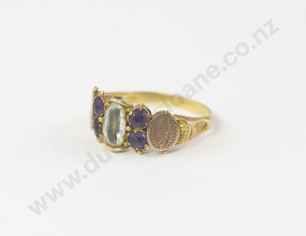 Victorian 18ct Five Stone Aquamarine and Amethyst Ring Image 1++