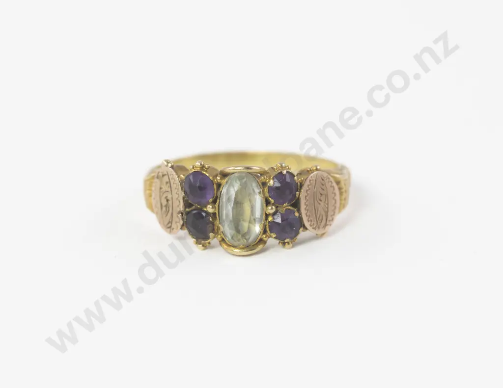 Victorian 18ct Five Stone Aquamarine and Amethyst Ring Image 1++
