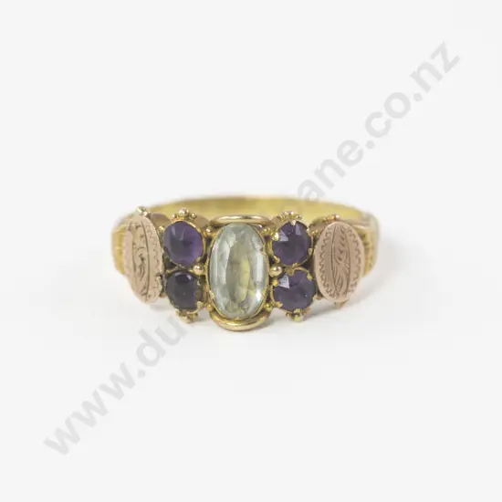 Victorian 18ct Five Stone Aquamarine and Amethyst Ring