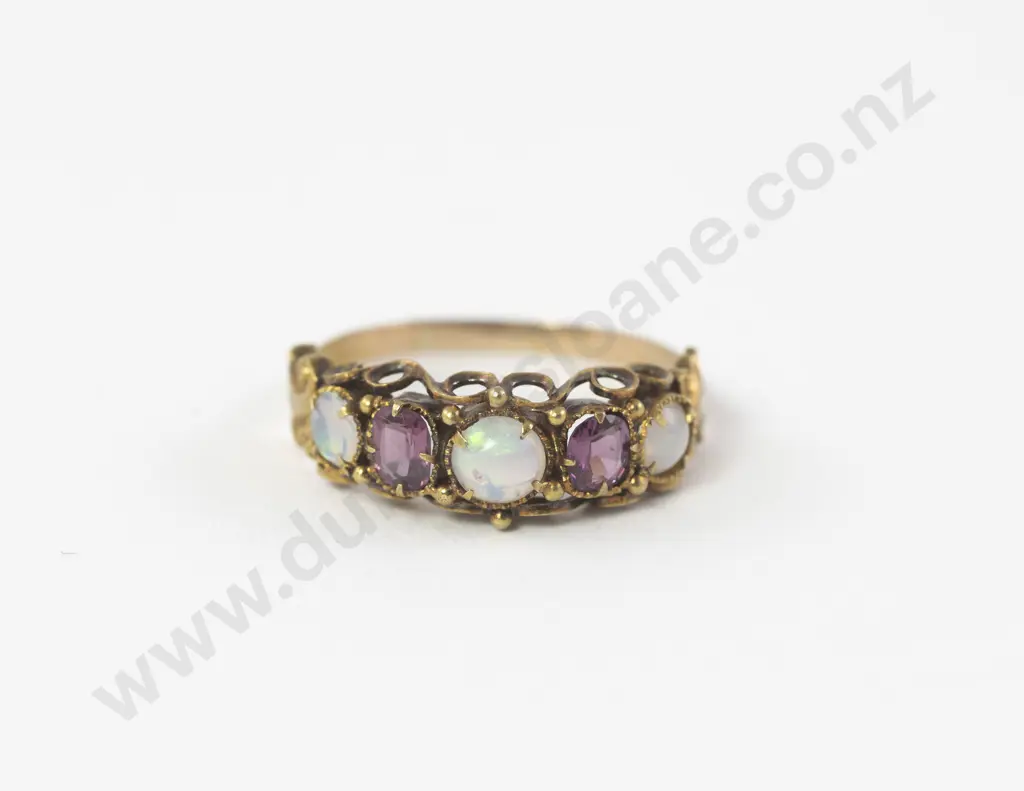 Victorian 9ct Five Stone Amethyst and Opal Bridge Ring Image 1++