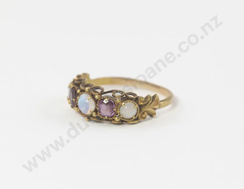 Victorian 9ct Five Stone Amethyst and Opal Bridge Ring Image 1++