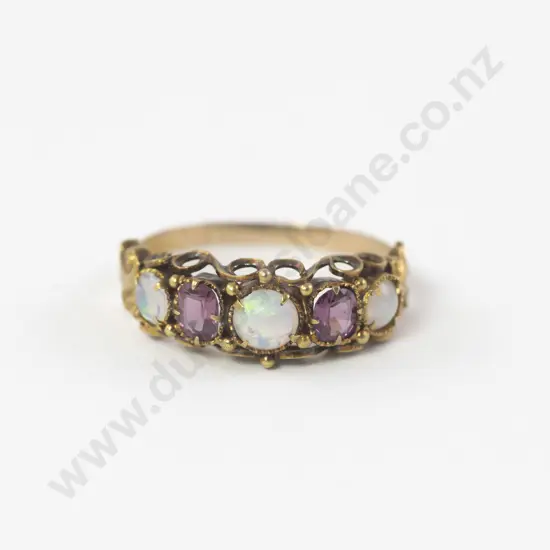 Victorian 9ct Five Stone Amethyst and Opal Bridge Ring
