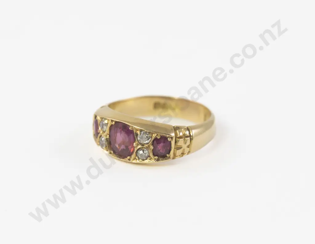 Victorian 18ct Seven Stone Ruby and Diamond Bridge Ring Image 1++