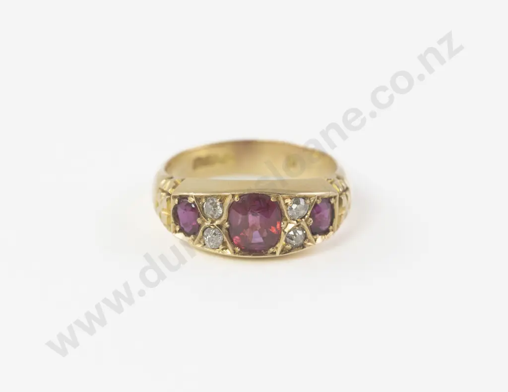 Victorian 18ct Seven Stone Ruby and Diamond Bridge Ring Image 1++