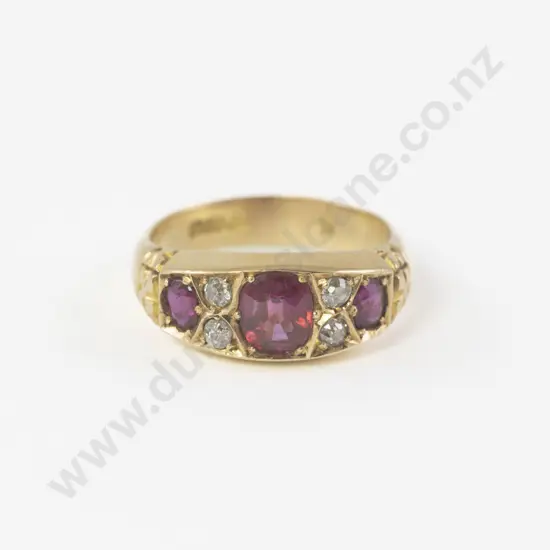 Victorian 18ct Seven Stone Ruby and Diamond Bridge Ring