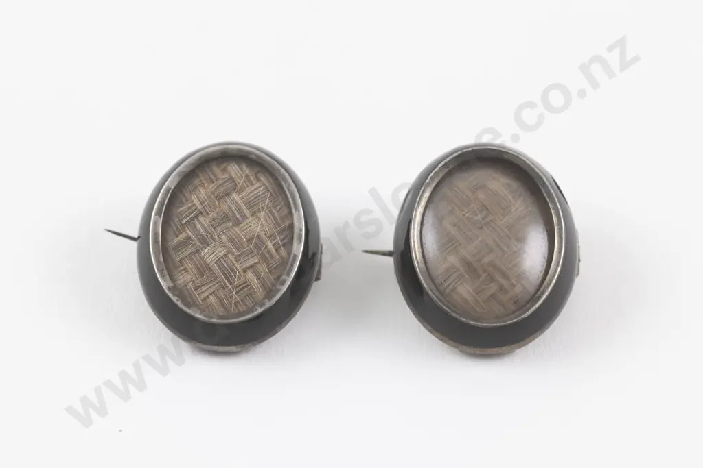 Pair Victorian Silver and Black Enamel Mourning Brooches Image 1++
