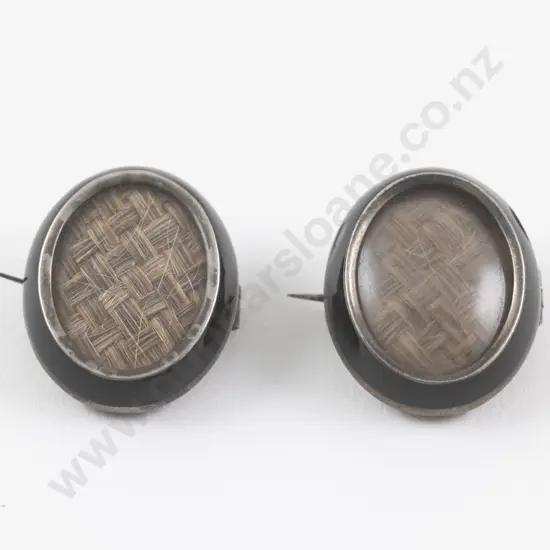 Pair Victorian Silver and Black Enamel Mourning Brooches