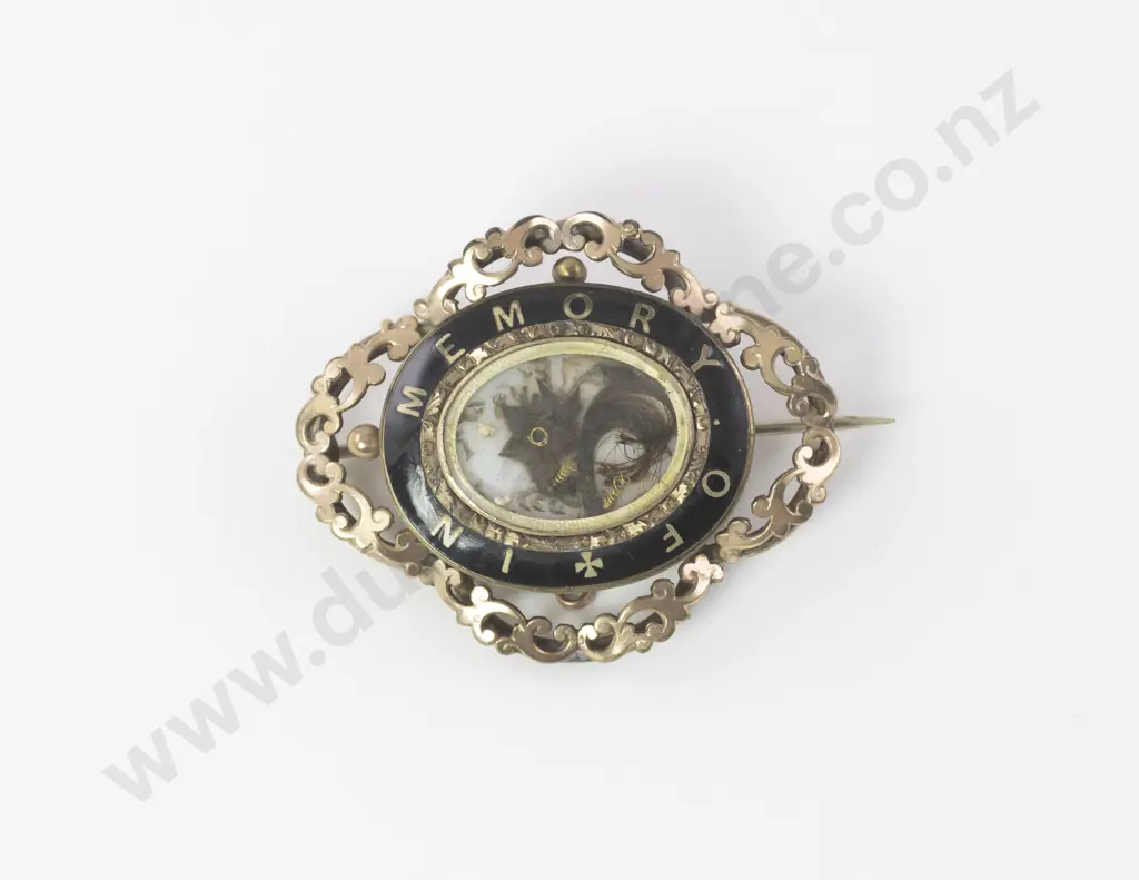 Large Victorian Gold Plate and Black Enamel Mourning Brooch Image 1++