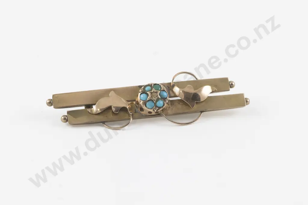 Victorian 9ct Turquoise and Seed Pearl Double Bar Brooch Image 1++