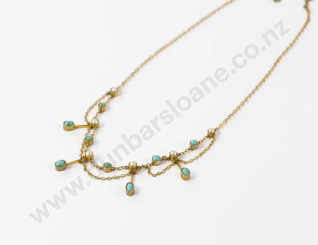 Edwardian 9ct 15stone Turquoise and Pearl Necklace Image 1++