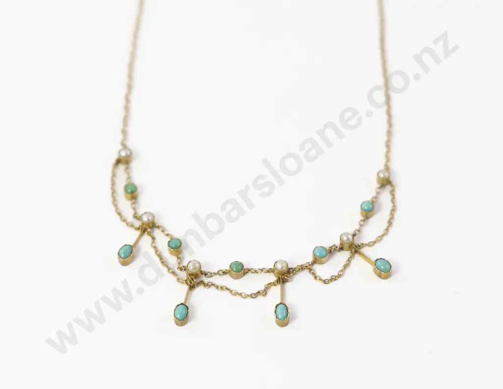 Edwardian 9ct 15stone Turquoise and Pearl Necklace Image 1++