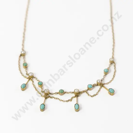 Edwardian 9ct 15stone Turquoise and Pearl Necklace