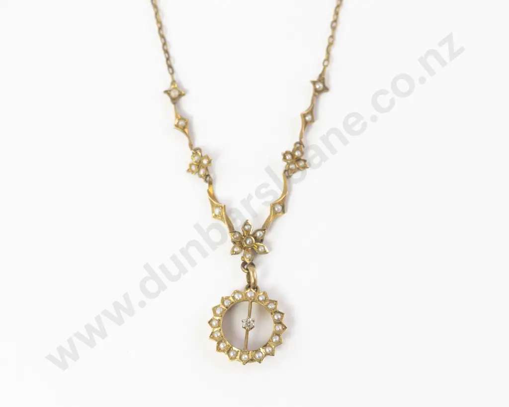 Edwardian 15ct Seed Pearl and Single Diamond Necklace Image 1++