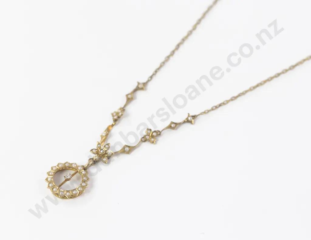Edwardian 15ct Seed Pearl and Single Diamond Necklace Image 1++