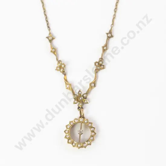 Edwardian 15ct Seed Pearl and Single Diamond Necklace