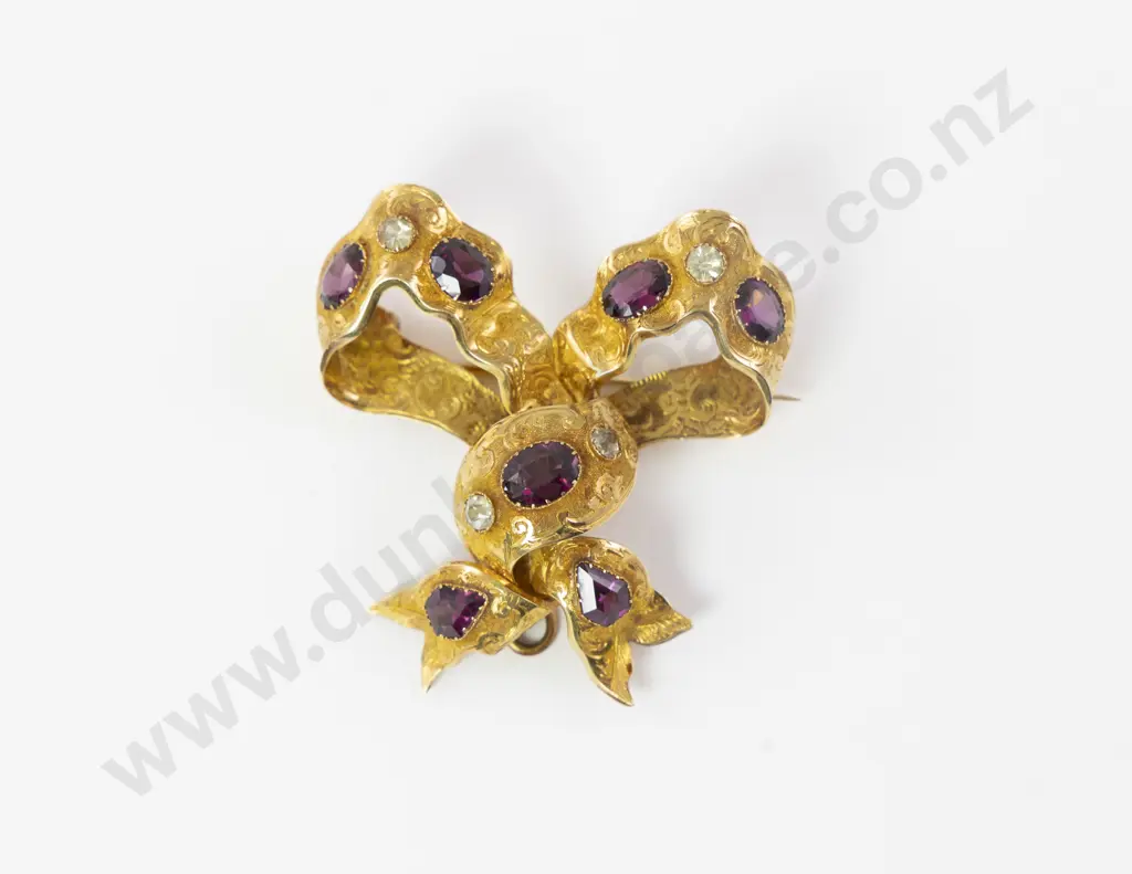 Victorian 15ct Eleven Stone White Sapphire and Garnet Large Bow Brooch Image 1++
