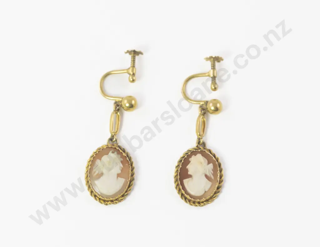 Pair Victorian 9ct Framed Portrait Cameo Earrings Image 1++